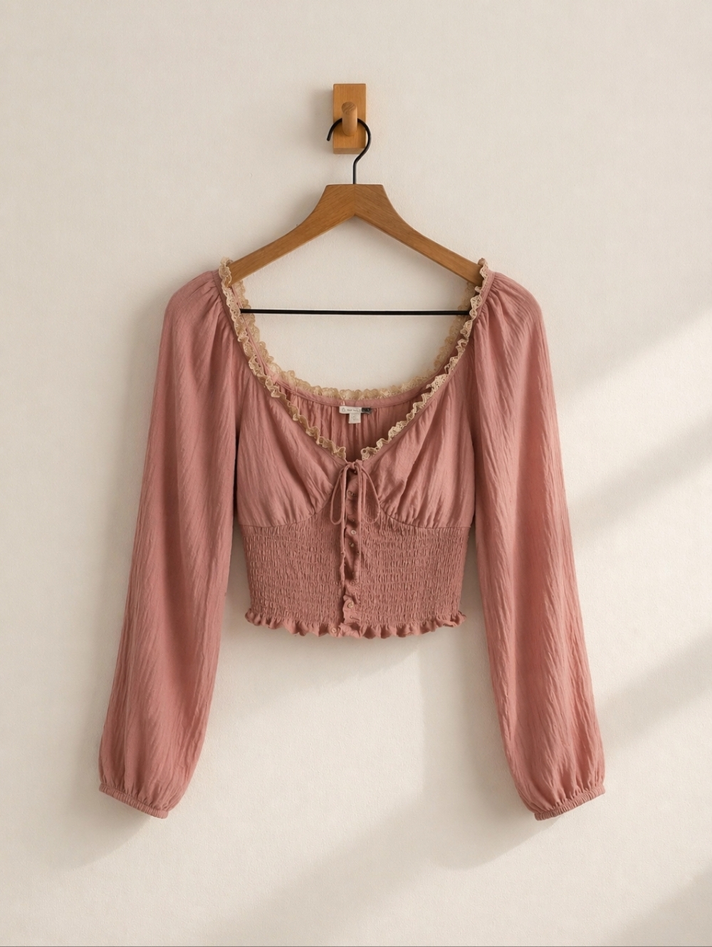 ILLA ILLA Boho Dusty Rose/Peach Smocked Cropped  Lace Trim Tie Front Top